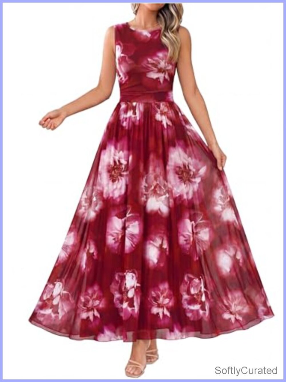Sleeveless Floral Maxi Dress Mesh High Waist Pleated Sundress with Pockets